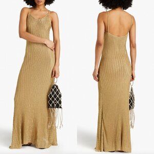 $1290 Victoria Beckham Gold Metallic Ribbed Knit Maxi Dress size Medium